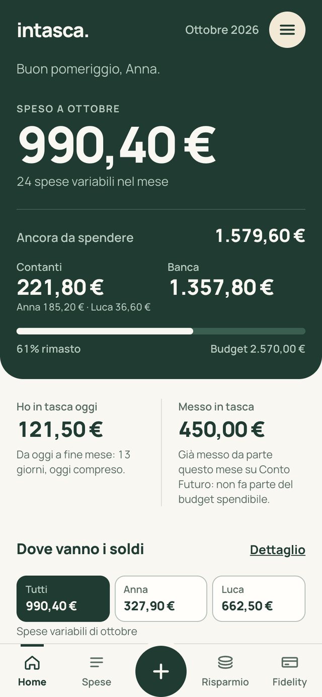 La Home di Intasca: speso nel mese, quanto resta da spendere tra contanti e banca, budget giornaliero e risparmio.