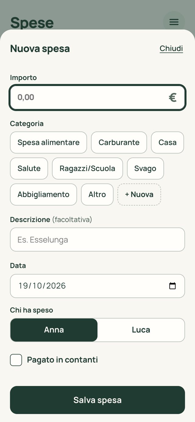 Il pannello Nuova spesa con importo, categorie, data e chi ha speso.
